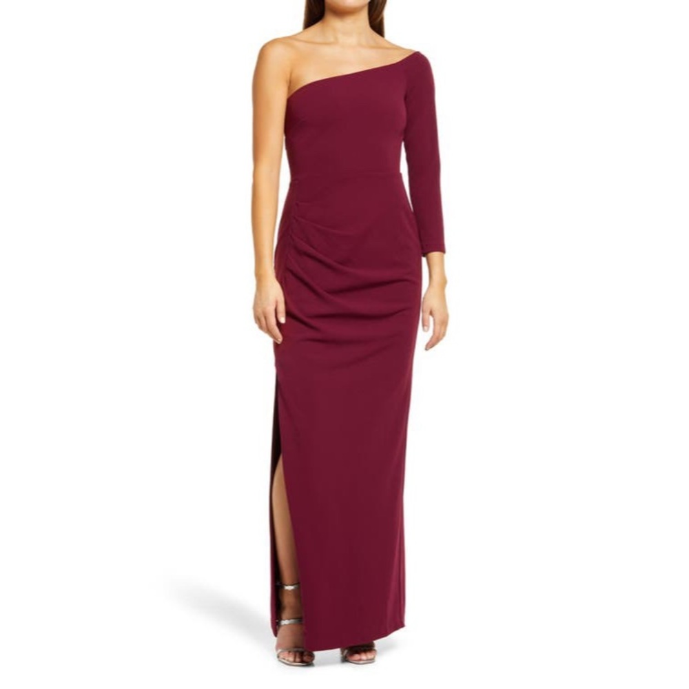 Wayf NWT Harper One Shoulder Long Sleeve Evening Gown Berry XS